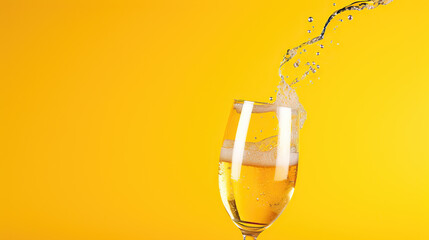 closeup of glas of champagne on yellow background - obrazy, fototapety, plakaty