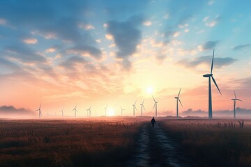 Obraz premium Person against the backdrop of wind turbines at sunset