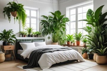 Home garden, bedroom in white and wooden tones. Close-up, bed, parquet floor and many houseplants....