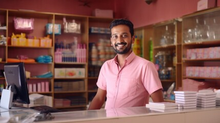 Smiling Indian Merchant at Modern Departmental Shop in Pune generative ai - obrazy, fototapety, plakaty