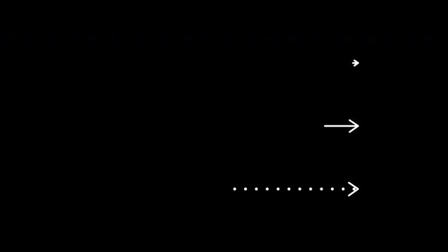 White straight arrows animation. Reveal and hide animation of solid, dashed, and dotted arrows. Isolated on a black background.