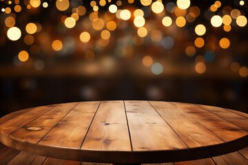 Empty round wooden table with bokeh light on a blurred background of a pub or bar setting - obrazy, fototapety, plakaty
