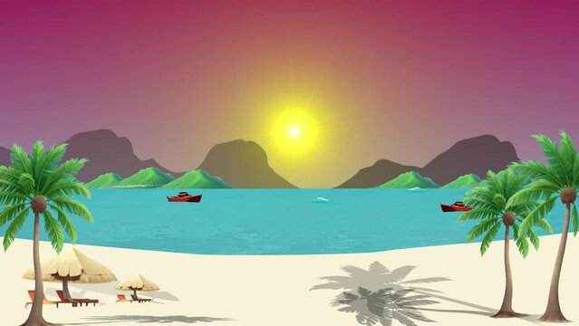 Coconut Palm Trees, Tropical  Summer Beach Cartoon Animation Background. Hello Summer Beach Background, Summer Beach Boat Moving On The Sea And Shining Sun At The Sky 
