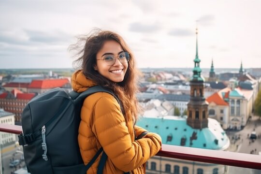 Radiant Journey: Happy Indian Traveler Admiring Riga's Old Town Beauty generative ai
