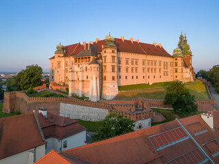 Aerial view of Wawel castle and Wawel cathedral during golden hour in the morning, Krakow, Poland