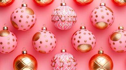 Pink Christmas baubles on pink background. Flat lay, top view.