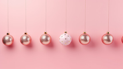 Pink and white christmas baubles on pastel pink background
