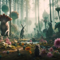 Forêt futuriste, animaux imaginaire 