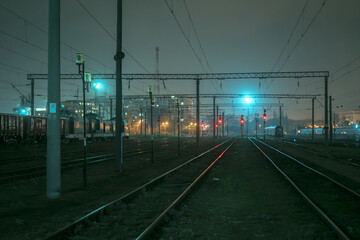 Tracks at night at Timișoara Nord train station in Timișoara, Romania