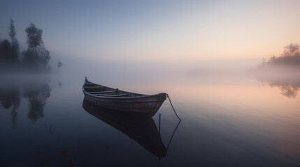 Serene Dawn: Lone Canoe on a Misty, Calm Lake at SunriseAI generativ
