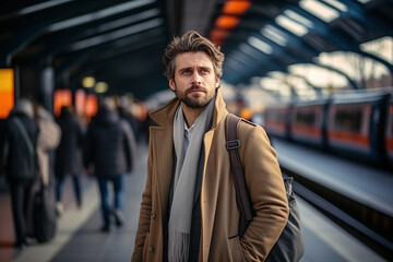Lonely serious man in the coat against the train in the railway station at the background, Subway station, travel concept, business trip concept.