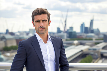 Portrait of a handsome businessman standing on the roof of a skyscraper