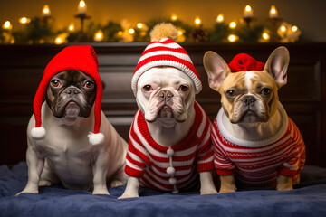 Three dogs in Santa Claus clothes on a dark background. New Year and Christmas.