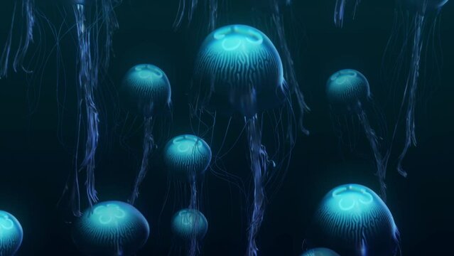 3d looped animation of several jellyfish swimming upward in a graceful underwater ballet. Perfect for adding a tranquil and mesmerizing touch to your aquatic visuals.