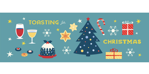 Festive Christmas celebration vector cute design elements. Christmas Tree, drink, sweet food, Toasting Christmas fancy letters. Bar, restaurant menu entertainment event greeting banner background