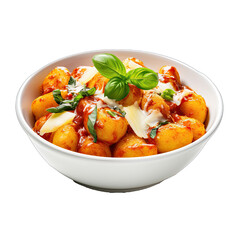 Gnocchi Alla Sorrentina. Potato Gnocchi Baked in a Tomato Sauce Topped With Melted Mozzarella and Fresh Basil.. Cutout PNG.