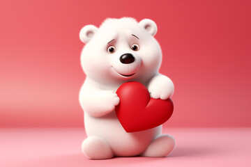 3D cute cartoon character Valentine's Day bear toy holding a red heart.