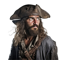 Pirate Portrait. Man Bearded Pirate in a Hat Isolated on a Transparent Background Capturing His...