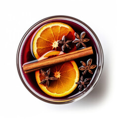 Mulled Wine with Cinnamon and Orange Slices Christmas or New Year Dish Top View Isolated on White Background 