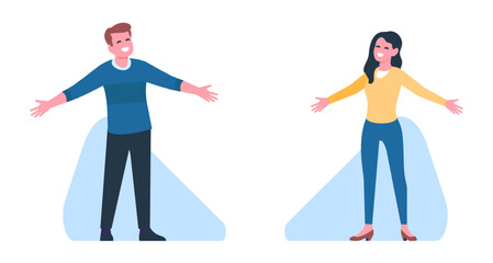Cheerful man and woman stand with their arms wide open in greeting. Joyful people. Gesture of embrace. Fun and happiness. Outstretched hands. Positive emotion showing. Vector concept