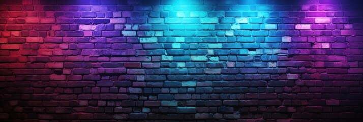 Illuminated brick wall with neon lights. glowing lights on empty brick wall background. Dark brick wall with neon lights with copy space. Neon. Copy Space. Blue, pink and purple colors.