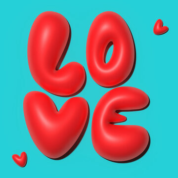 Love text red bubble letters on turquoise background with hearts. Trendy 3d style for card, web banners, header, shop, media, social 