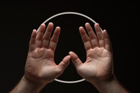 A person is seen holding their hands in front of a circle. This image can be used to represent unity, connection, teamwork, or meditation.