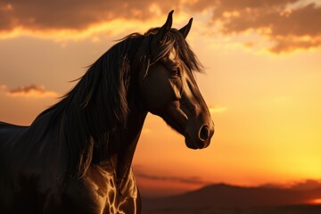 A beautiful horse standing gracefully in a field at sunset. 