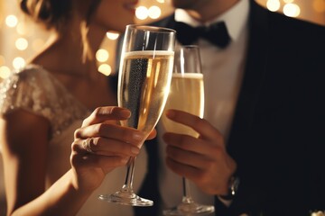 A man and a woman are seen holding glasses of champagne. This image can be used to depict celebrations, toasts, or special occasions.