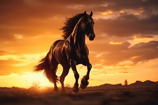 A breathtaking image of a horse running gracefully in the desert at sunset. Perfect for nature and wildlife-themed projects.