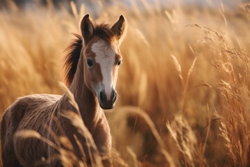 A picture of a horse standing in a field of tall grass. This image can be used to depict a peaceful countryside scene or to symbolize freedom and nature.
