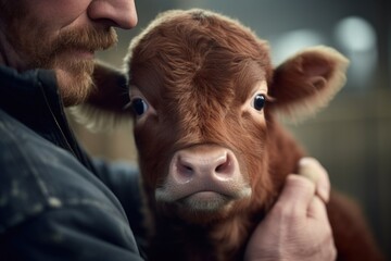 A close up view of a person holding a cow. This image can be used to depict human-animal interaction or agriculture practices.