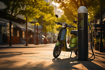 Electric scooter for sharing with charging station on a city street. - obrazy, fototapety, plakaty