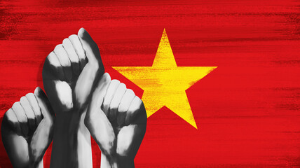 Multiple clenched fists against Vietnam flag.Protest in Vietnam.Protest for Vietnam