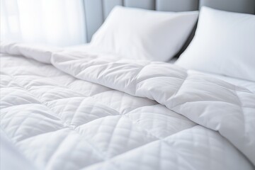 Fototapeta na wymiar White Duvet on White Bed - Winter Season Preparation, Household Comfort, Hotel and Home Textiles