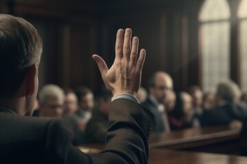 A man dressed in a suit is seen raising his hand in a courtroom. This image can be used to depict a legal proceeding or a courtroom scene.