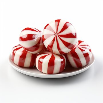 dish of peppermints sweets, red and white candy canes, isolated on a white background, generative ai 