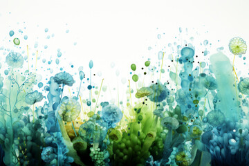 Visual representation resembling watercolor strokes, depicting green plants, peculiar fungi, and bacteria. Conveying the depths of the underwater environment or the intricate world 