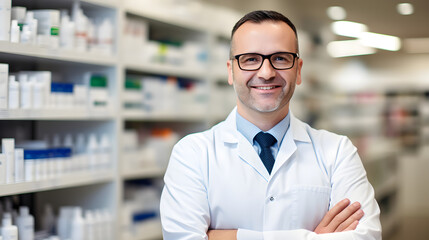 Fototapeta premium Pharmacist in a bright light white pharmacy