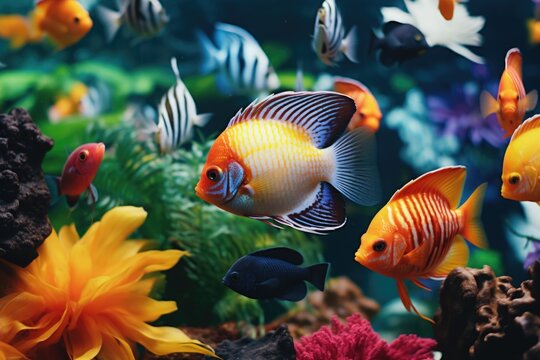 A group of fish swimming together in an aquarium. This image can be used to depict aquatic life or as a background for educational materials.