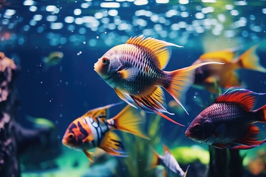 A group of fish swimming together in an aquarium. This image can be used to depict aquatic life, aquariums, pets, or relaxation.