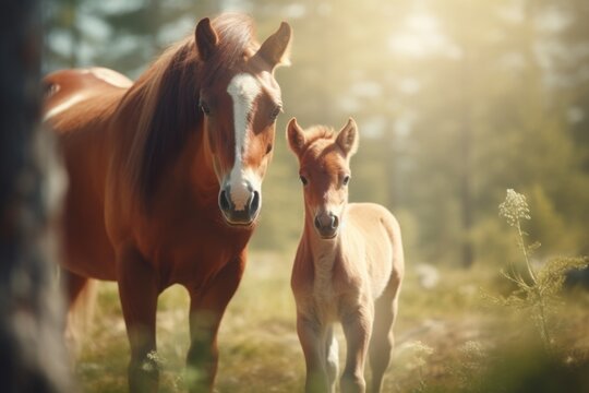 A brown horse stands next to a baby horse. This image captures the bond between adult and young animals. It can be used to depict companionship, nurturing, or the beauty of nature.