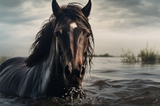 A picture of a horse standing in a body of water. This image can be used to depict a horse cooling off in a lake or river. It can also be used to represent tranquility and the beauty of nature.