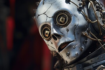 Fototapeta premium A detailed close-up of a robot head with various wires attached. This image can be used to depict technology, artificial intelligence, robotics, or futuristic concepts.