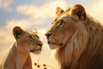 Two majestic lions standing side by side. Perfect for wildlife enthusiasts and animal lovers.