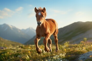 A brown horse standing proudly on top of a vibrant and lush green field.  - Powered by Adobe