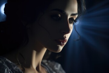 A woman is depicted in a dark room with a spotlight illuminating her face. This image can be used to convey themes of mystery, introspection, or dramatic lighting effects.