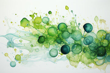 Artwork executed in the style of watercolor, highlighting green vegetation, peculiar fungi, and bacterial entities. Portraying the underwater habitat or the microscopic bacterial realm