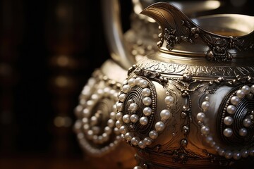 A close-up photograph of a silver vase adorned with pearls. 