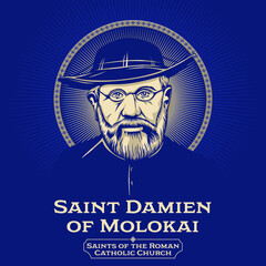 Catholic Saints. Saint Damien of Molokai (1840-1889) was a Roman Catholic priest from Belgium and member of the Congregation of the Sacred Hearts of Jesus and Mary, a missionary religious institute. - obrazy, fototapety, plakaty
